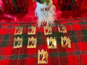 Vintage Christmas Brass Ornaments 1980 Gloria Duchin Gold Tone Set of 9